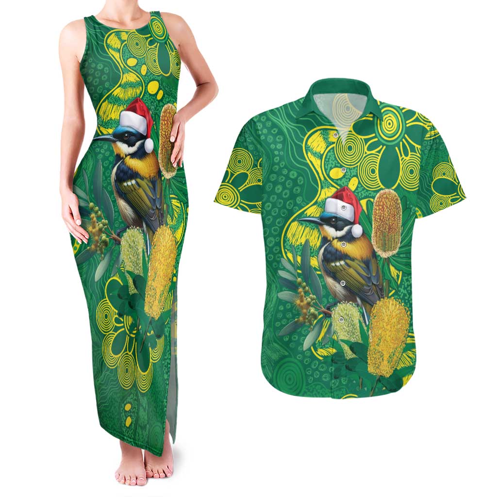 Aussie Honeyeaters Banksia Christmas Couples Matching Tank Maxi Dress and Hawaiian Shirt Aboriginal Dots Painting Green Motif - Aussie Hoodie
