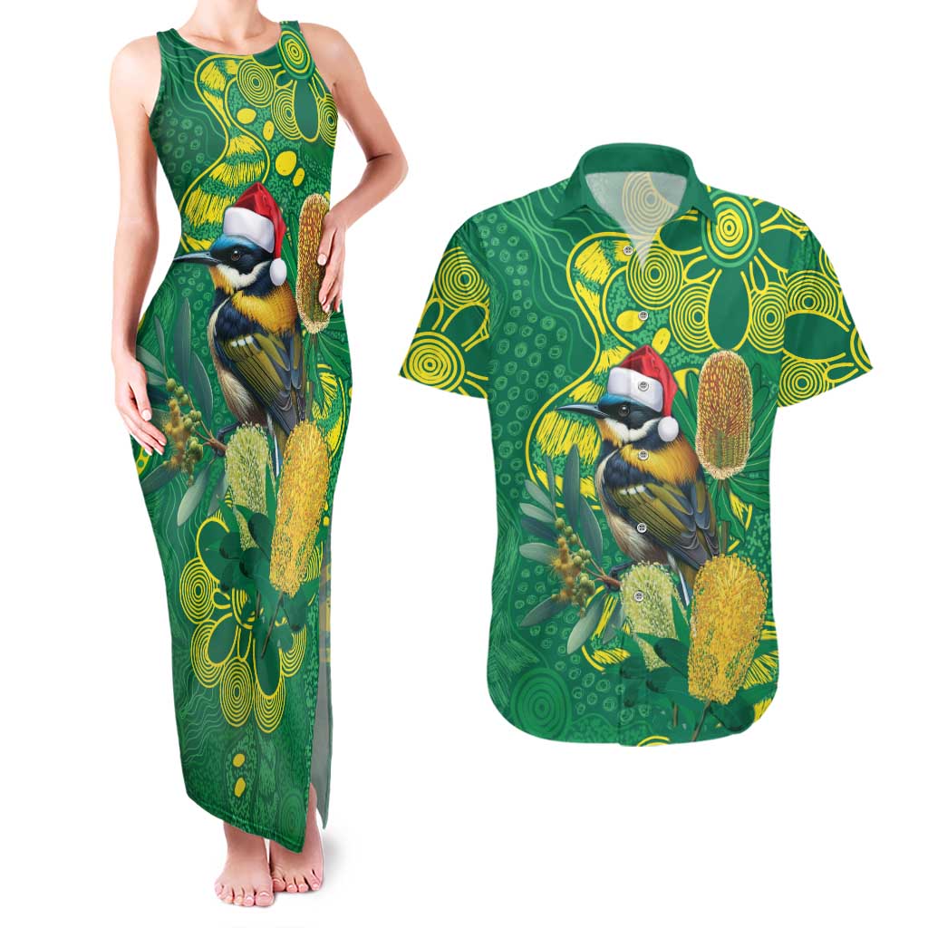 Aussie Honeyeaters Banksia Christmas Couples Matching Tank Maxi Dress and Hawaiian Shirt Aboriginal Dots Painting Green Motif - Aussie Hoodie