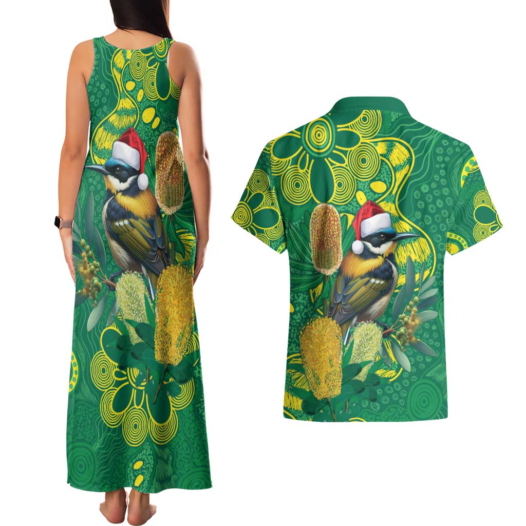 Aussie Honeyeaters Banksia Christmas Couples Matching Tank Maxi Dress and Hawaiian Shirt Aboriginal Dots Painting Green Motif - Aussie Hoodie