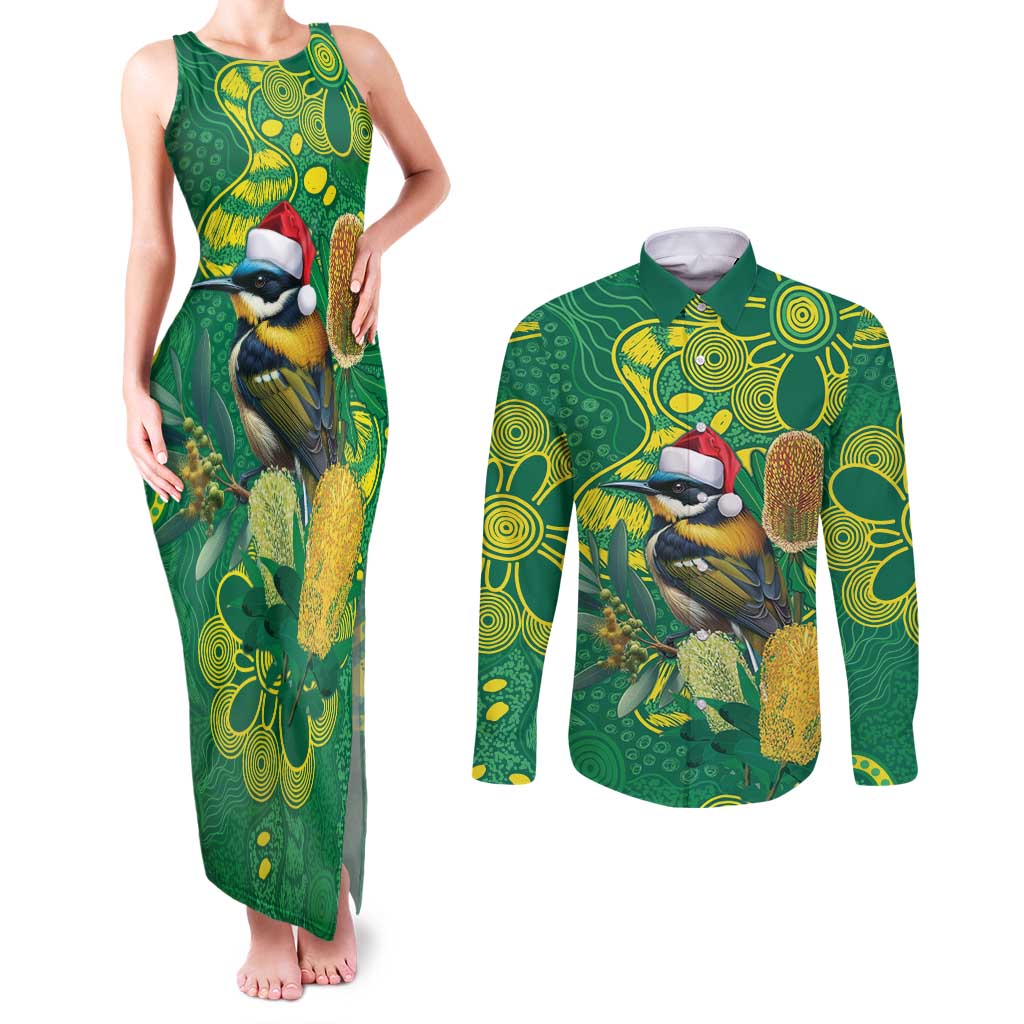 Aussie Honeyeaters Banksia Christmas Couples Matching Tank Maxi Dress and Long Sleeve Button Shirt Aboriginal Dots Painting Green Motif - Aussie Hoodie