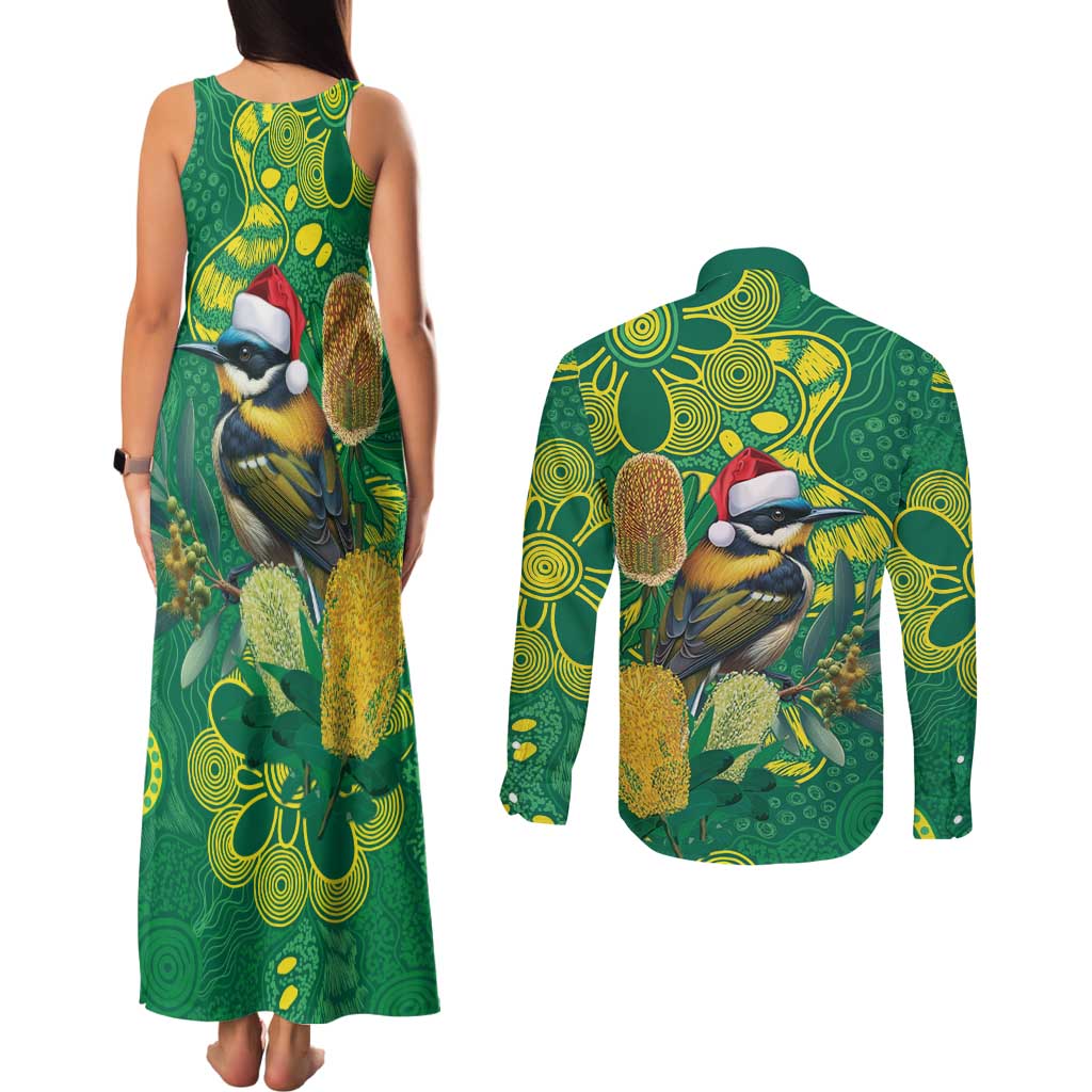 Aussie Honeyeaters Banksia Christmas Couples Matching Tank Maxi Dress and Long Sleeve Button Shirt Aboriginal Dots Painting Green Motif - Aussie Hoodie