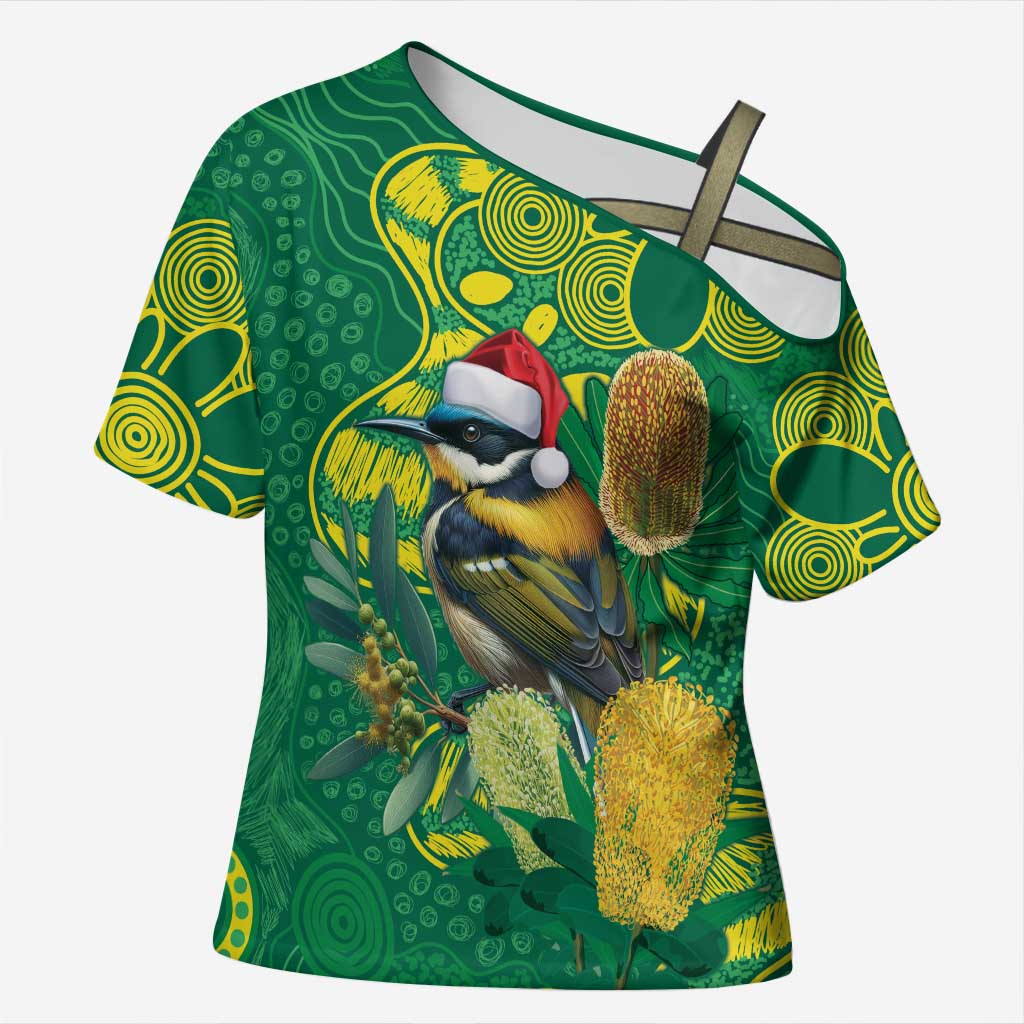 Aussie Honeyeaters Banksia Christmas Cross Shoulder Shirt Aboriginal Dots Painting Green Motif - Aussie Hoodie