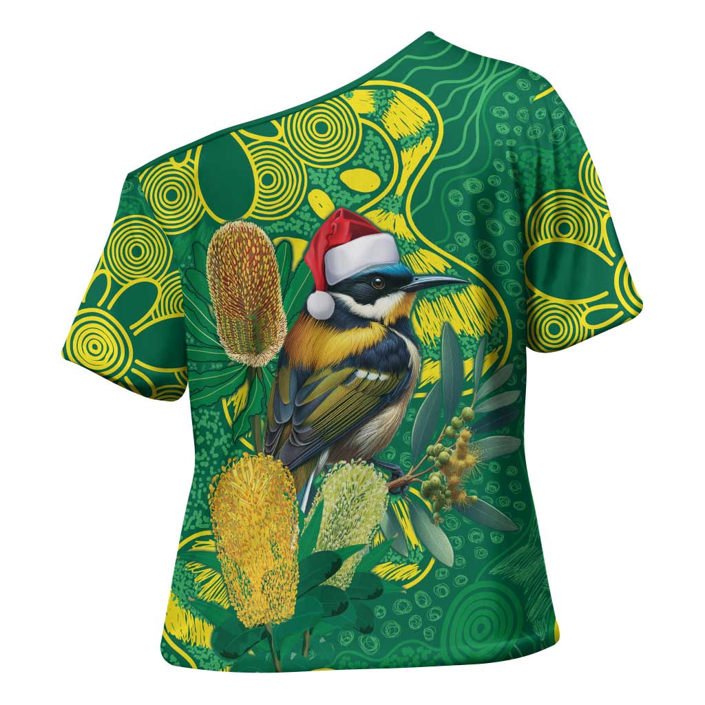 Aussie Honeyeaters Banksia Christmas Cross Shoulder Shirt Aboriginal Dots Painting Green Motif - Aussie Hoodie