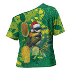 Aussie Honeyeaters Banksia Christmas Cross Shoulder Shirt Aboriginal Dots Painting Green Motif - Aussie Hoodie
