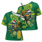 Aussie Honeyeaters Banksia Christmas Cross Shoulder Shirt Aboriginal Dots Painting Green Motif - Aussie Hoodie