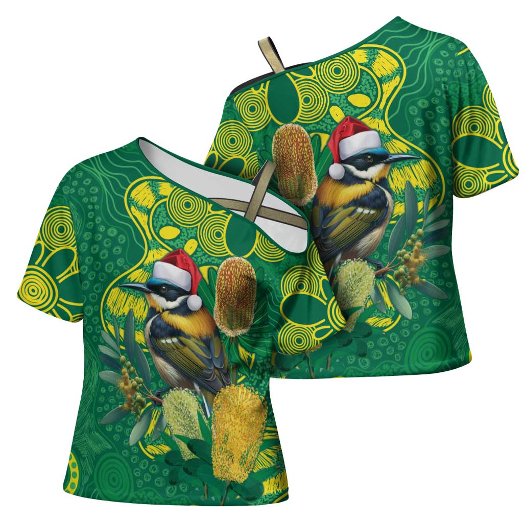 Aussie Honeyeaters Banksia Christmas Cross Shoulder Shirt Aboriginal Dots Painting Green Motif - Aussie Hoodie