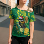 Aussie Honeyeaters Banksia Christmas Cross Shoulder Shirt Aboriginal Dots Painting Green Motif - Aussie Hoodie