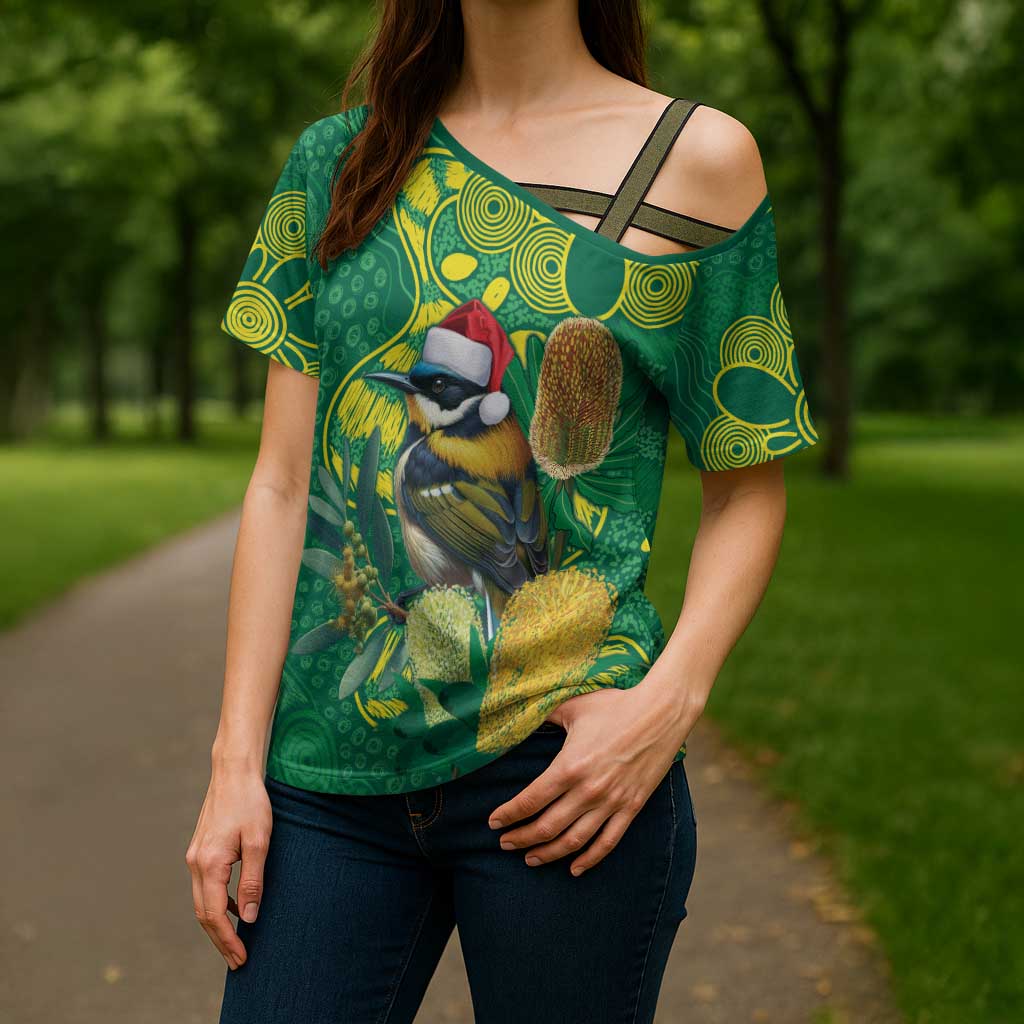 Aussie Honeyeaters Banksia Christmas Cross Shoulder Shirt Aboriginal Dots Painting Green Motif - Aussie Hoodie