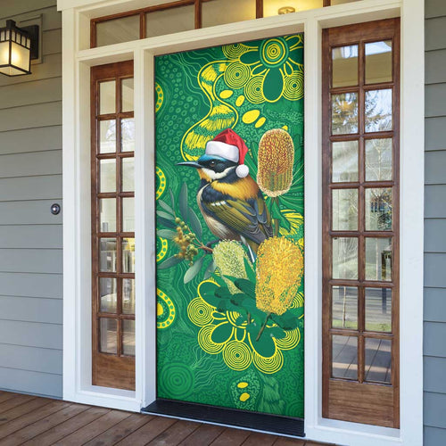 Aussie Honeyeaters Banksia Christmas Door Cover Aboriginal Dots Painting Green Motif - Aussie Hoodie