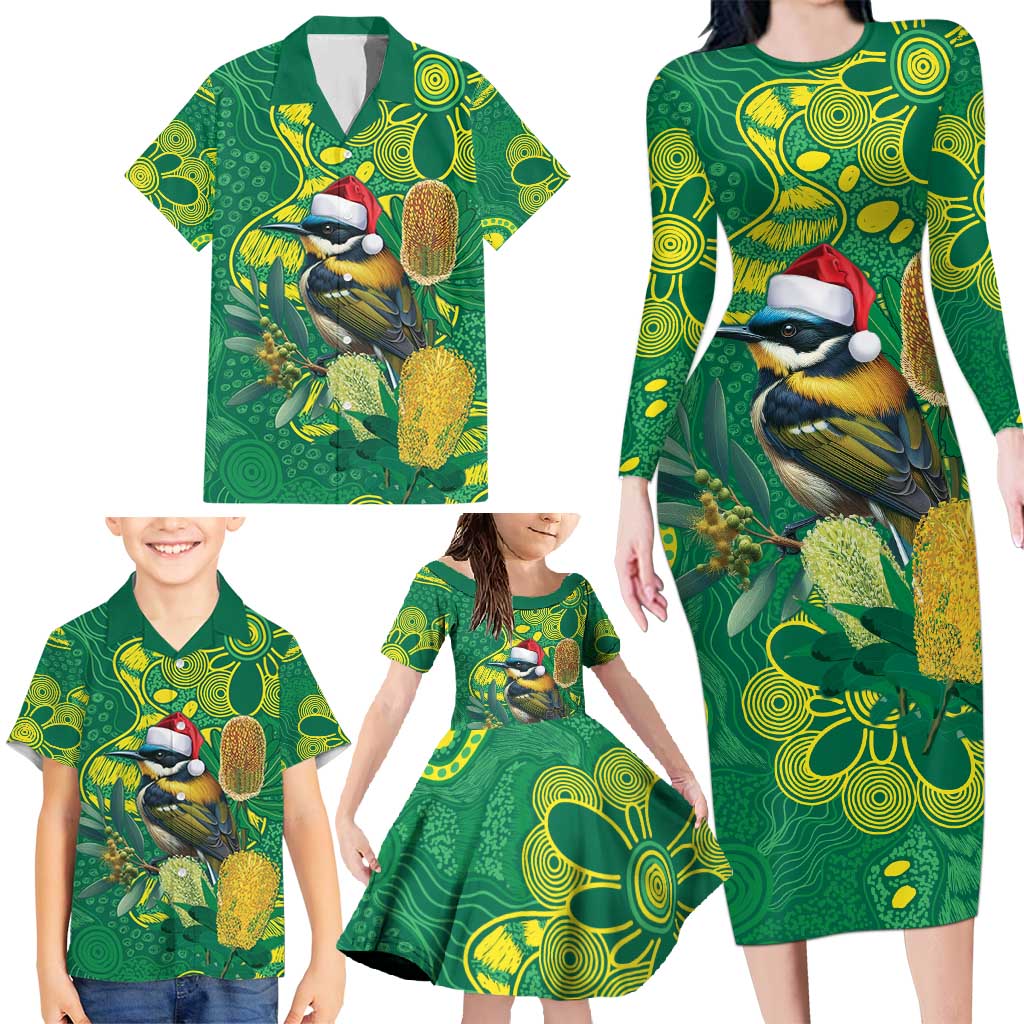 Aussie Honeyeaters Banksia Christmas Family Matching Long Sleeve Bodycon Dress and Hawaiian Shirt Aboriginal Dots Painting Green Motif - Aussie Hoodie