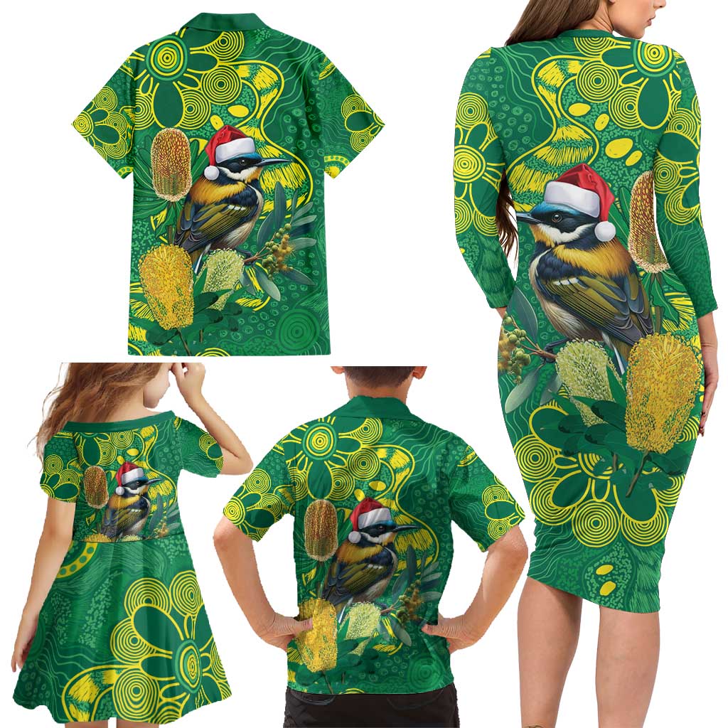 Aussie Honeyeaters Banksia Christmas Family Matching Long Sleeve Bodycon Dress and Hawaiian Shirt Aboriginal Dots Painting Green Motif - Aussie Hoodie