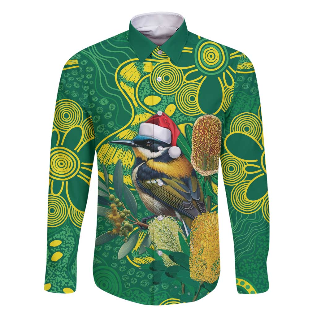 Aussie Honeyeaters Banksia Christmas Family Matching Long Sleeve Bodycon Dress and Hawaiian Shirt Aboriginal Dots Painting Green Motif - Aussie Hoodie