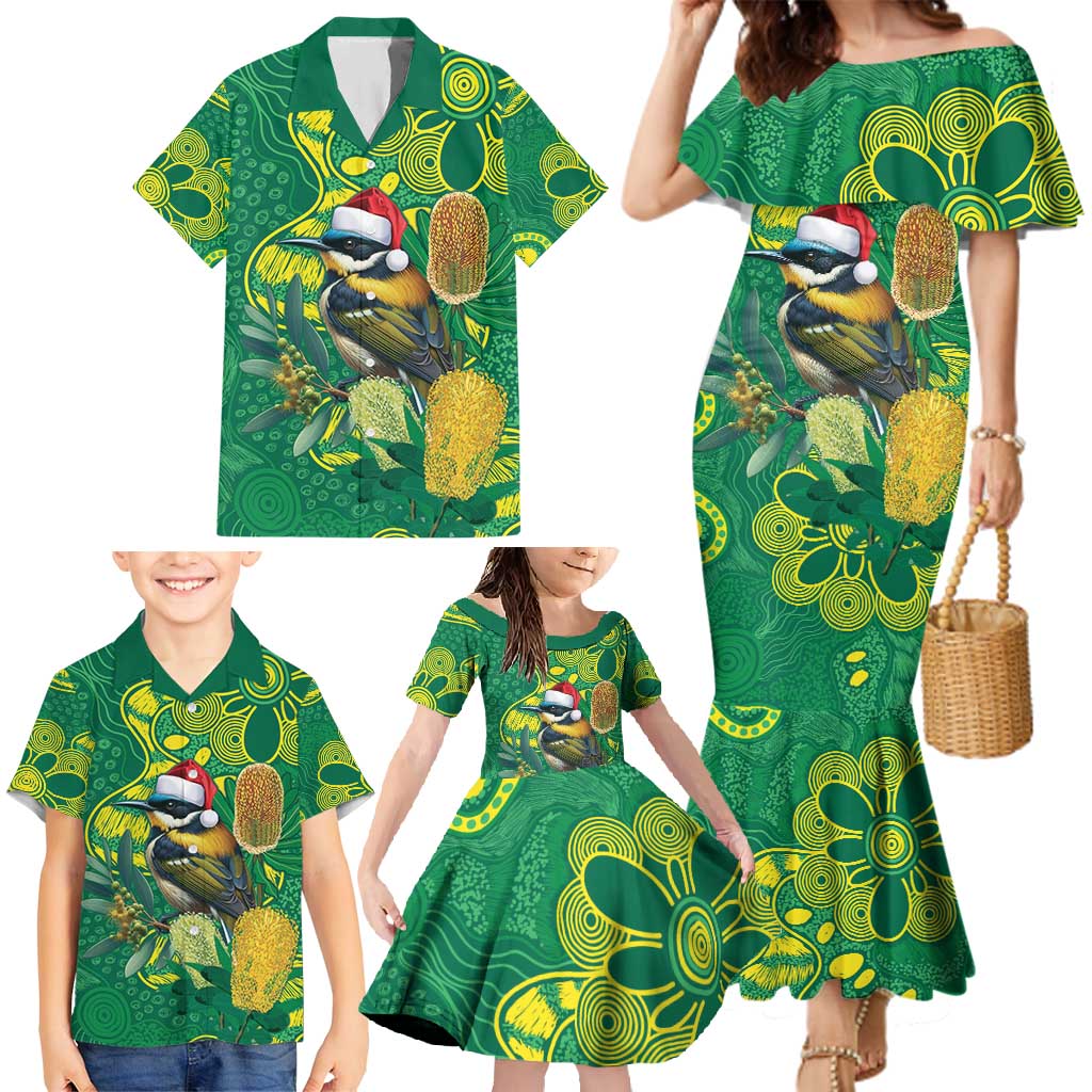 Aussie Honeyeaters Banksia Christmas Family Matching Mermaid Dress and Hawaiian Shirt Aboriginal Dots Painting Green Motif - Aussie Hoodie