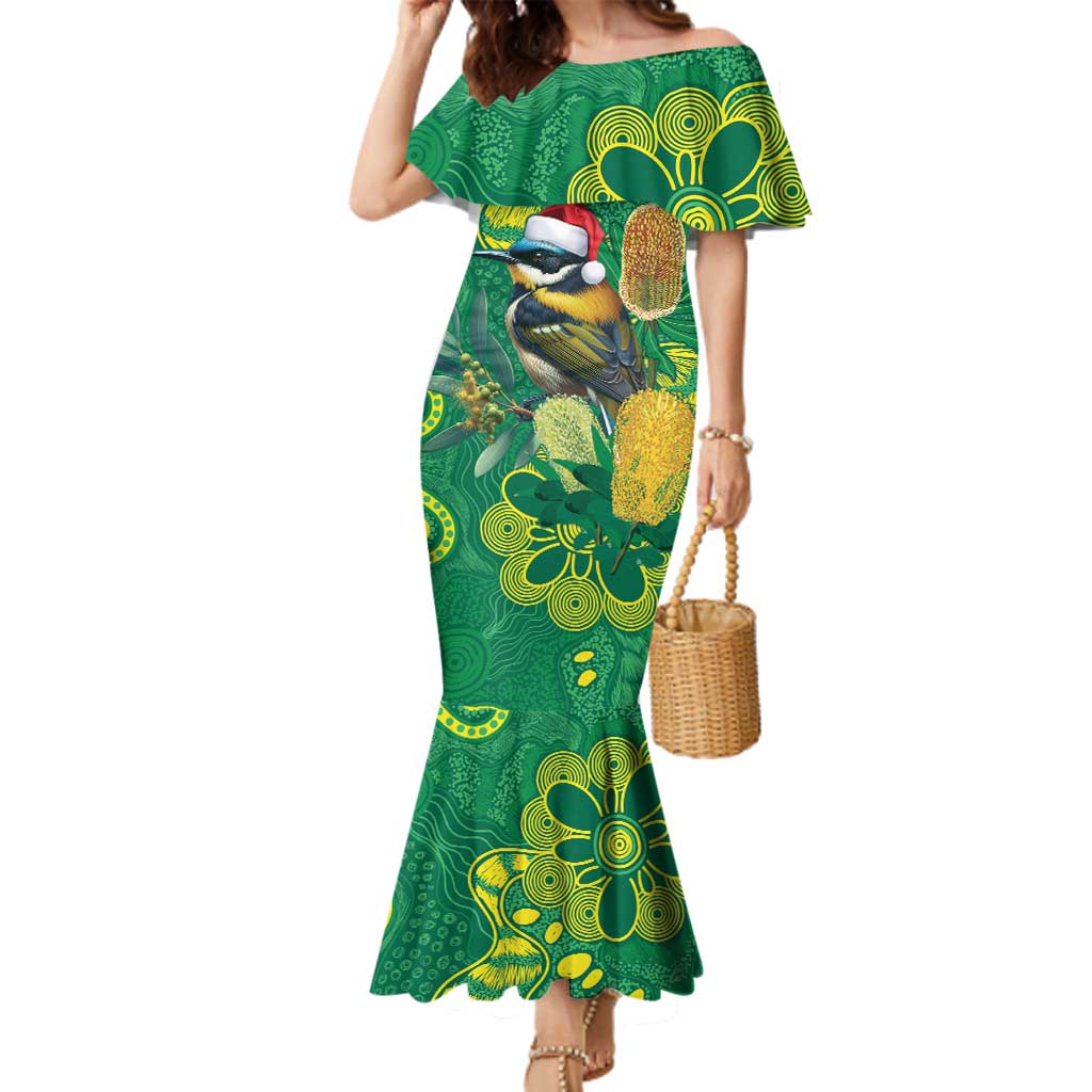 Aussie Honeyeaters Banksia Christmas Family Matching Mermaid Dress and Hawaiian Shirt Aboriginal Dots Painting Green Motif - Aussie Hoodie
