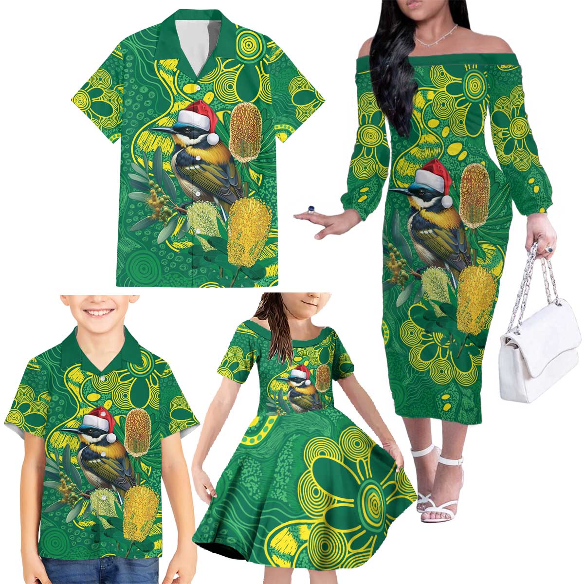 Aussie Honeyeaters Banksia Christmas Family Matching Off The Shoulder Long Sleeve Dress and Hawaiian Shirt Aboriginal Dots Painting Green Motif - Aussie Hoodie