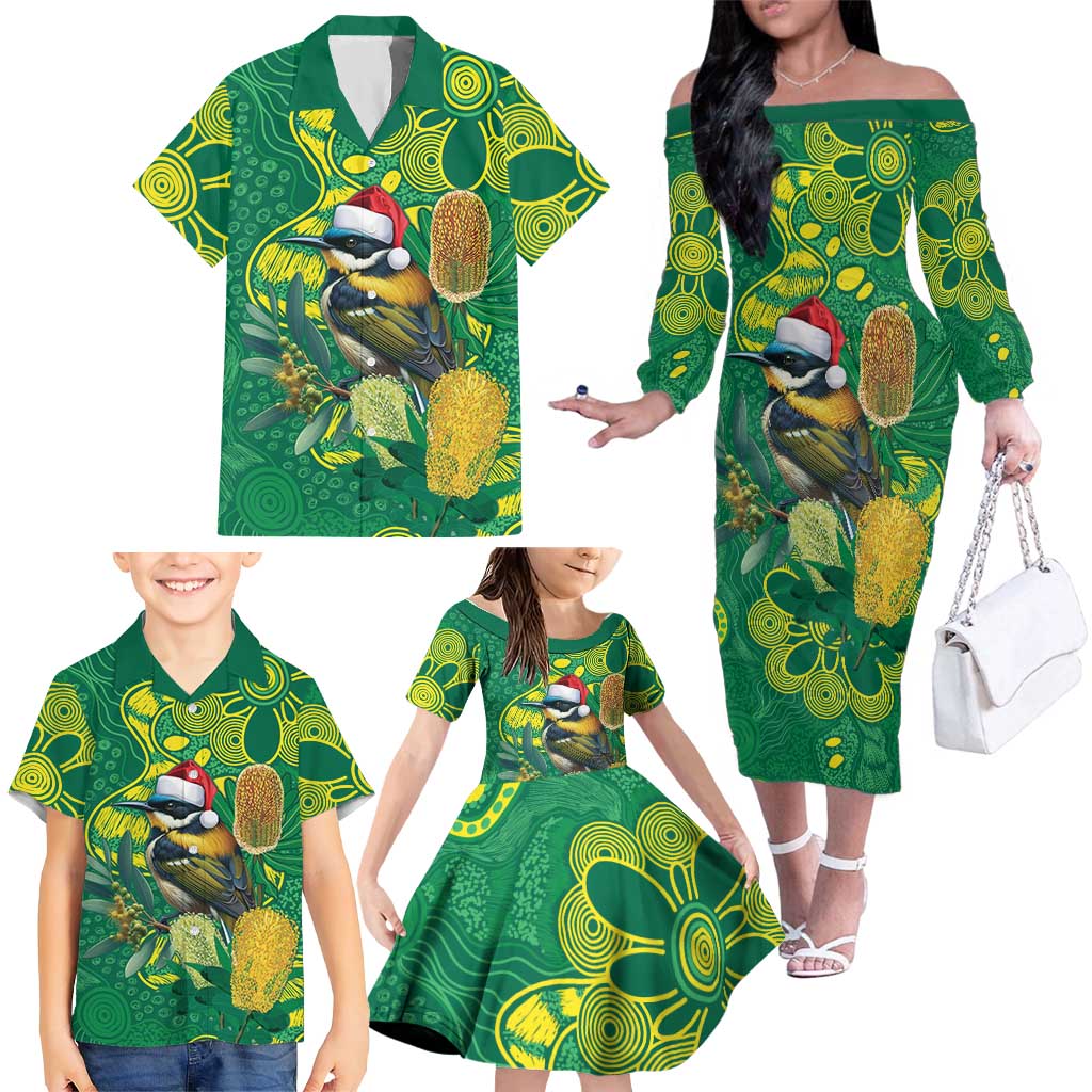 Aussie Honeyeaters Banksia Christmas Family Matching Off The Shoulder Long Sleeve Dress and Hawaiian Shirt Aboriginal Dots Painting Green Motif - Aussie Hoodie