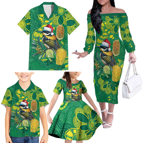 Aussie Honeyeaters Banksia Christmas Family Matching Off The Shoulder Long Sleeve Dress and Hawaiian Shirt Aboriginal Dots Painting Green Motif - Aussie Hoodie