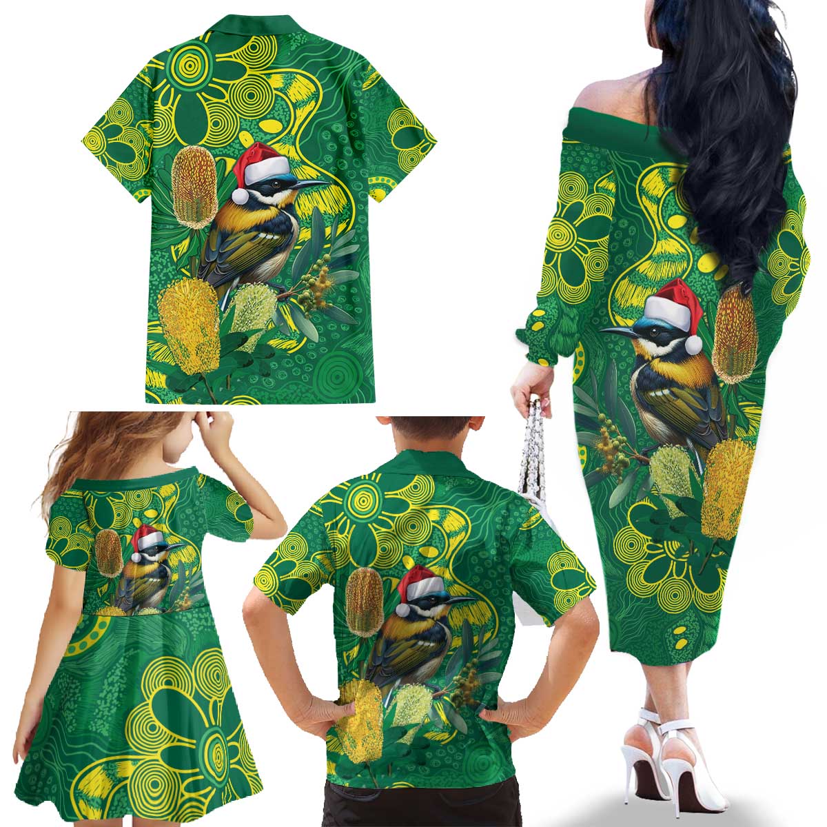 Aussie Honeyeaters Banksia Christmas Family Matching Off The Shoulder Long Sleeve Dress and Hawaiian Shirt Aboriginal Dots Painting Green Motif - Aussie Hoodie