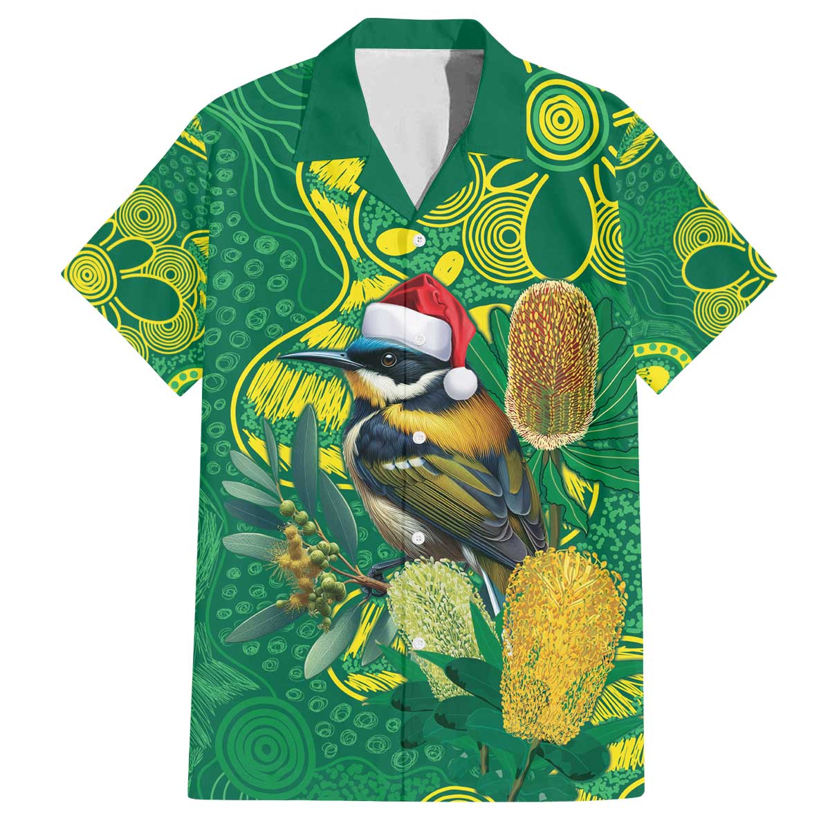 Aussie Honeyeaters Banksia Christmas Family Matching Off The Shoulder Long Sleeve Dress and Hawaiian Shirt Aboriginal Dots Painting Green Motif - Aussie Hoodie