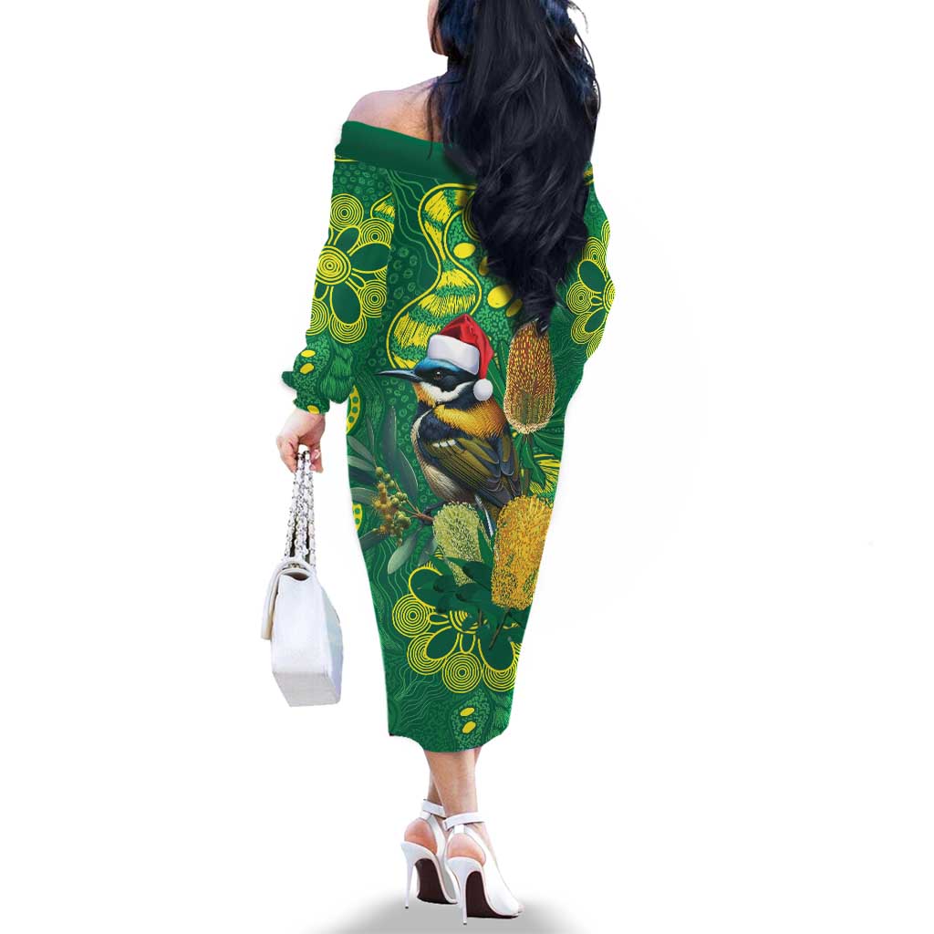 Aussie Honeyeaters Banksia Christmas Family Matching Off The Shoulder Long Sleeve Dress and Hawaiian Shirt Aboriginal Dots Painting Green Motif - Aussie Hoodie