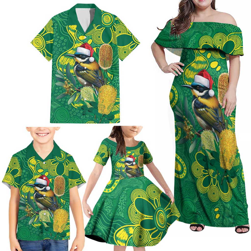 Aussie Honeyeaters Banksia Christmas Family Matching Off Shoulder Maxi Dress and Hawaiian Shirt Aboriginal Dots Painting Green Motif - Aussie Hoodie