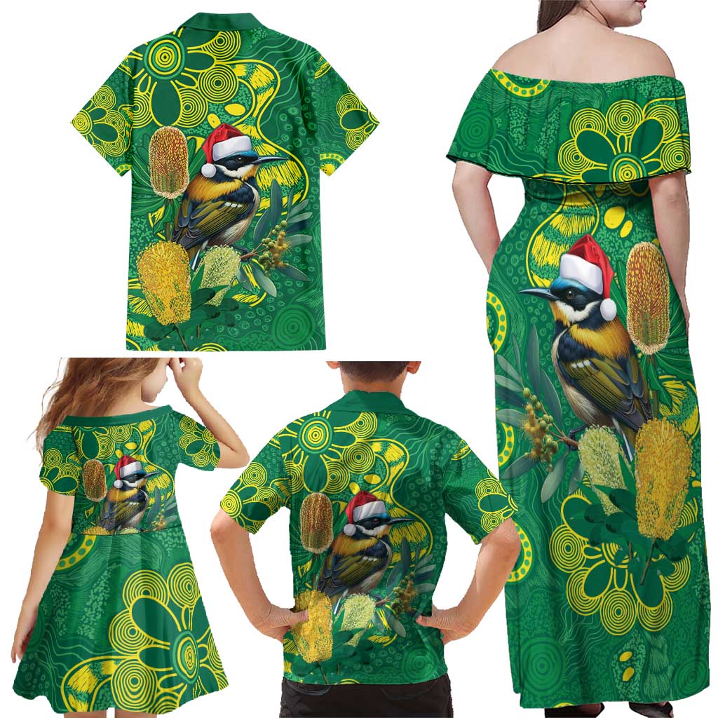 Aussie Honeyeaters Banksia Christmas Family Matching Off Shoulder Maxi Dress and Hawaiian Shirt Aboriginal Dots Painting Green Motif - Aussie Hoodie