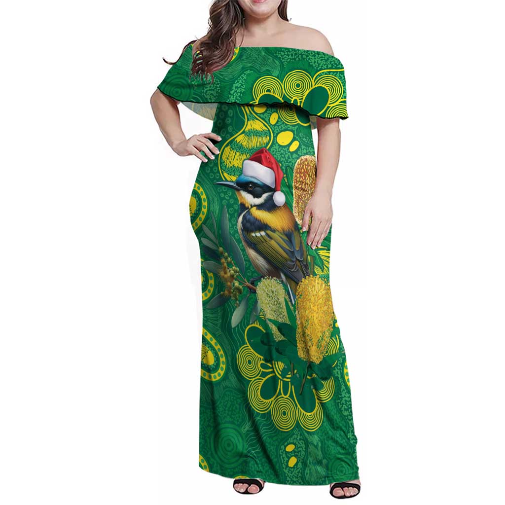 Aussie Honeyeaters Banksia Christmas Family Matching Off Shoulder Maxi Dress and Hawaiian Shirt Aboriginal Dots Painting Green Motif - Aussie Hoodie