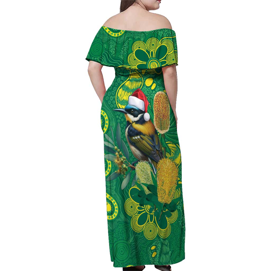 Aussie Honeyeaters Banksia Christmas Family Matching Off Shoulder Maxi Dress and Hawaiian Shirt Aboriginal Dots Painting Green Motif - Aussie Hoodie