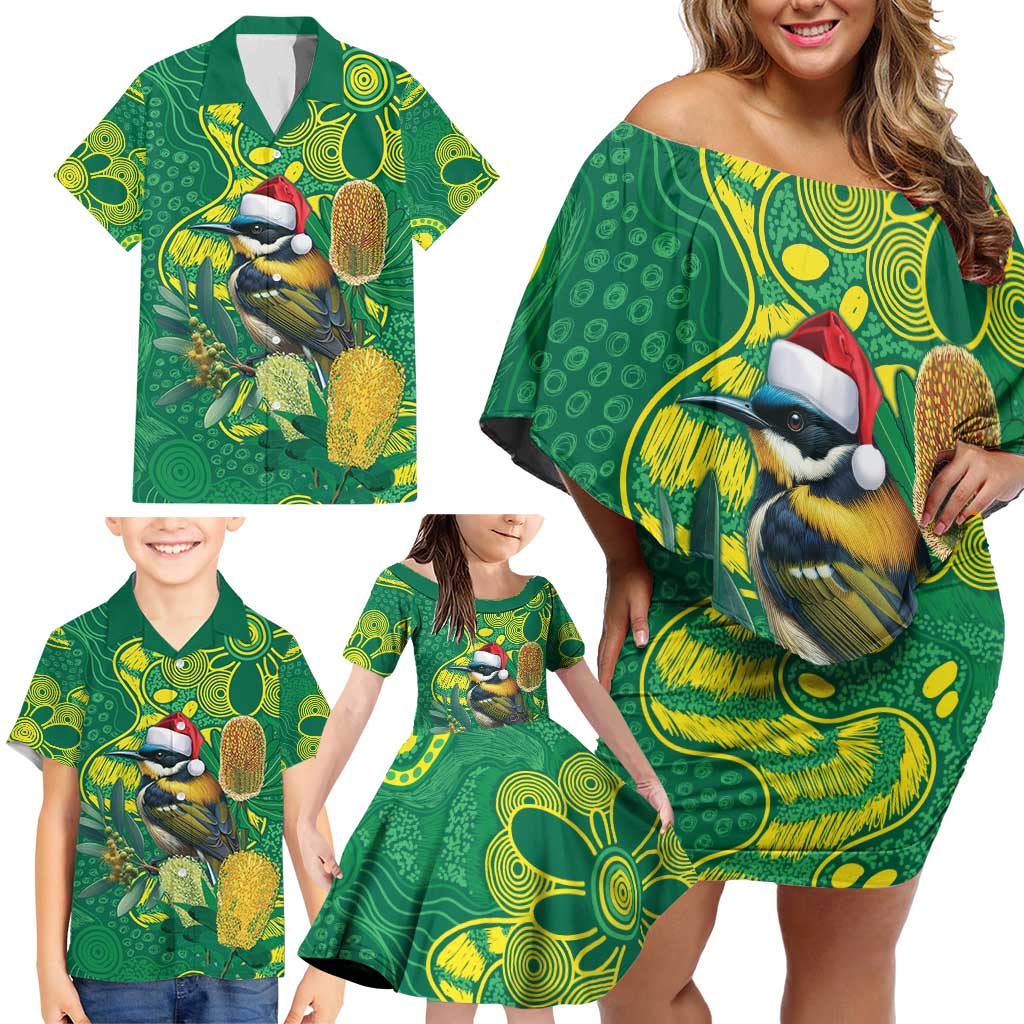 Aussie Honeyeaters Banksia Christmas Family Matching Off Shoulder Short Dress and Hawaiian Shirt Aboriginal Dots Painting Green Motif - Aussie Hoodie