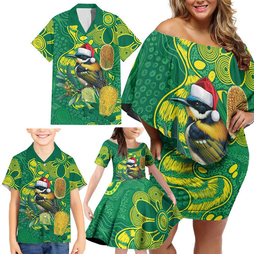 Aussie Honeyeaters Banksia Christmas Family Matching Off Shoulder Short Dress and Hawaiian Shirt Aboriginal Dots Painting Green Motif - Aussie Hoodie