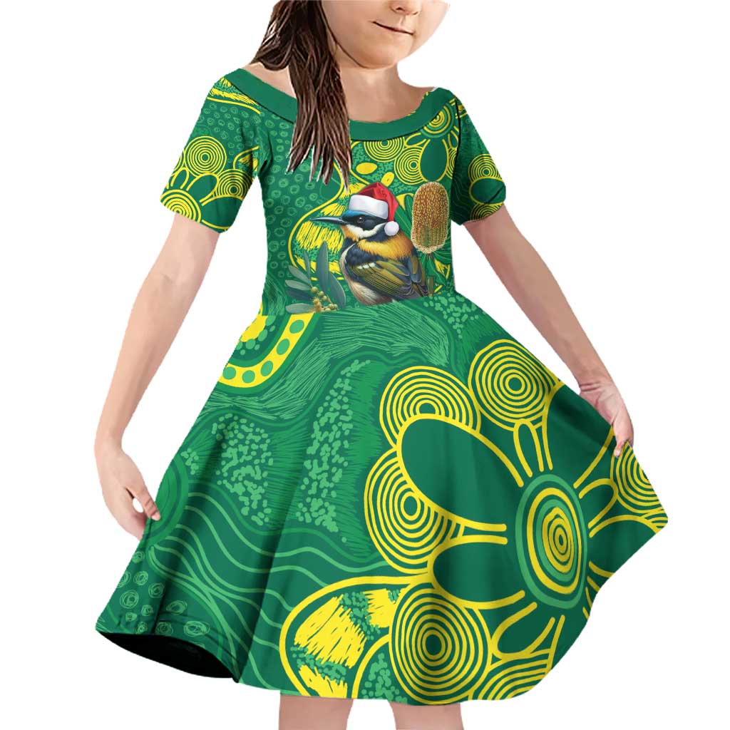 Aussie Honeyeaters Banksia Christmas Family Matching Off Shoulder Short Dress and Hawaiian Shirt Aboriginal Dots Painting Green Motif - Aussie Hoodie