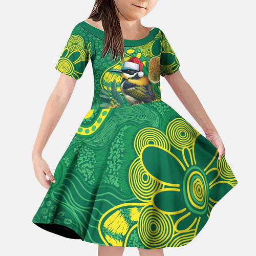 Aussie Honeyeaters Banksia Christmas Family Matching Off Shoulder Short Dress and Hawaiian Shirt Aboriginal Dots Painting Green Motif - Aussie Hoodie