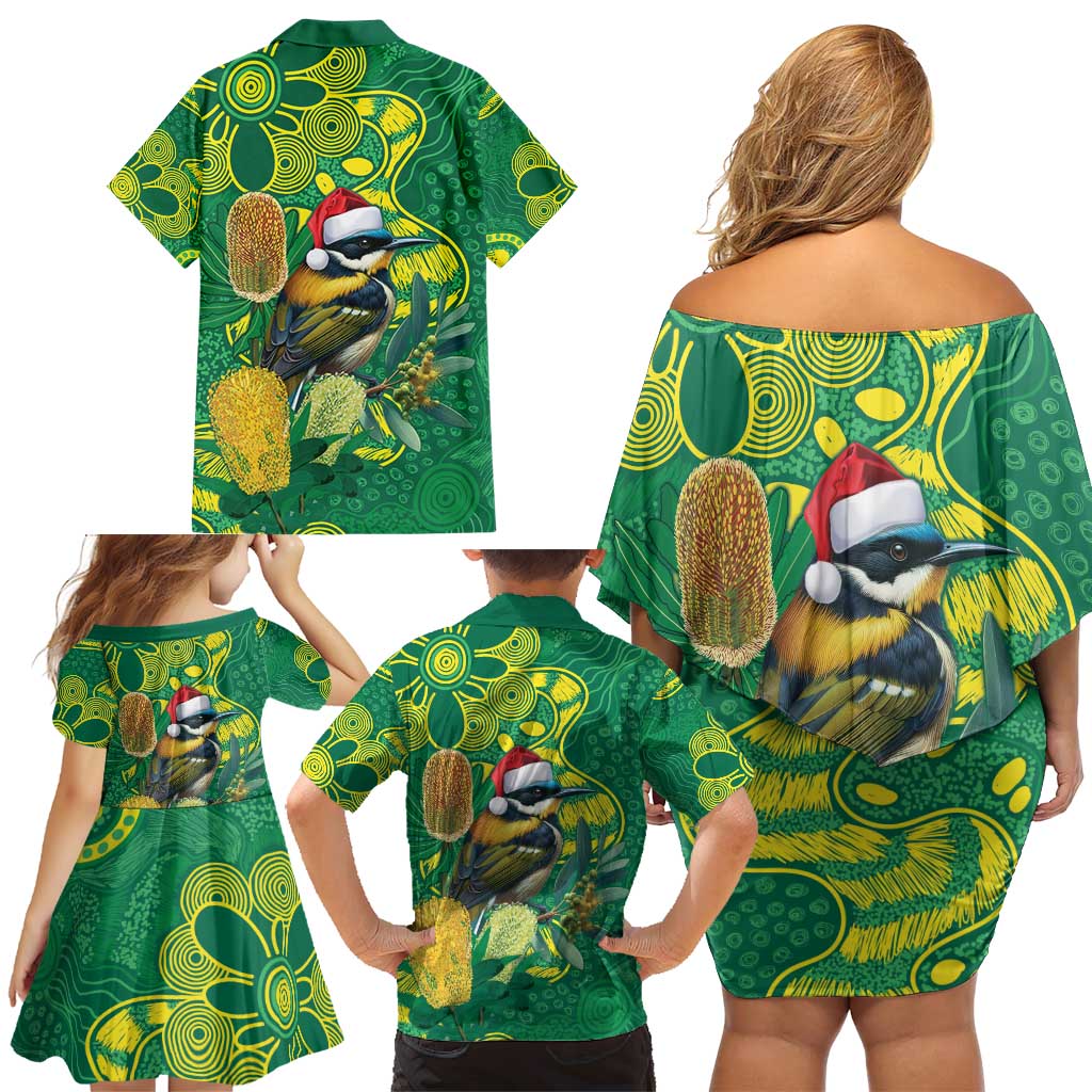 Aussie Honeyeaters Banksia Christmas Family Matching Off Shoulder Short Dress and Hawaiian Shirt Aboriginal Dots Painting Green Motif - Aussie Hoodie