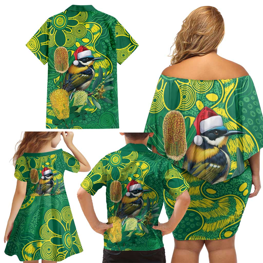 Aussie Honeyeaters Banksia Christmas Family Matching Off Shoulder Short Dress and Hawaiian Shirt Aboriginal Dots Painting Green Motif - Aussie Hoodie