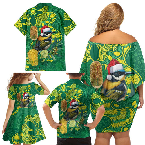 Aussie Honeyeaters Banksia Christmas Family Matching Off Shoulder Short Dress and Hawaiian Shirt Aboriginal Dots Painting Green Motif - Aussie Hoodie