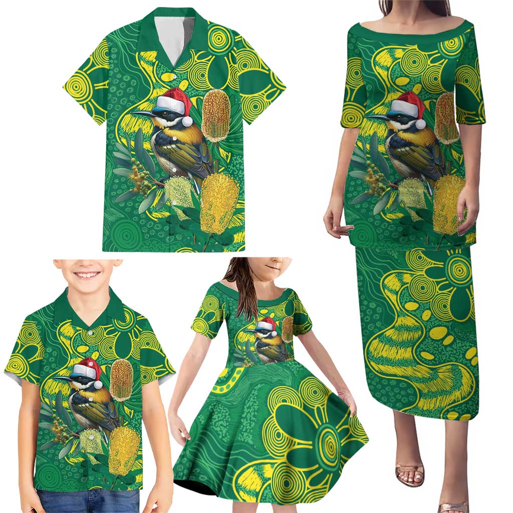 Aussie Honeyeaters Banksia Christmas Family Matching Puletasi and Hawaiian Shirt Aboriginal Dots Painting Green Motif - Aussie Hoodie
