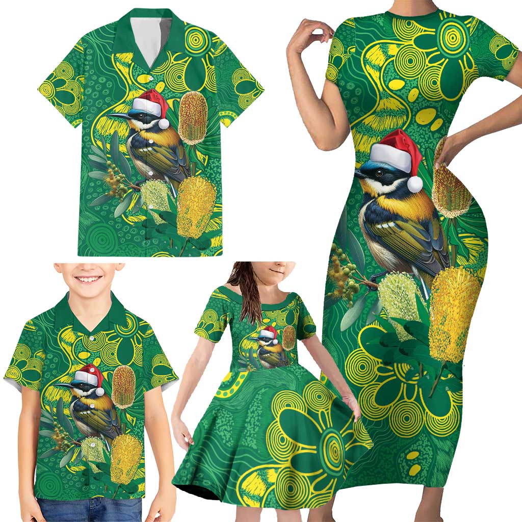 Aussie Honeyeaters Banksia Christmas Family Matching Short Sleeve Bodycon Dress and Hawaiian Shirt Aboriginal Dots Painting Green Motif - Aussie Hoodie