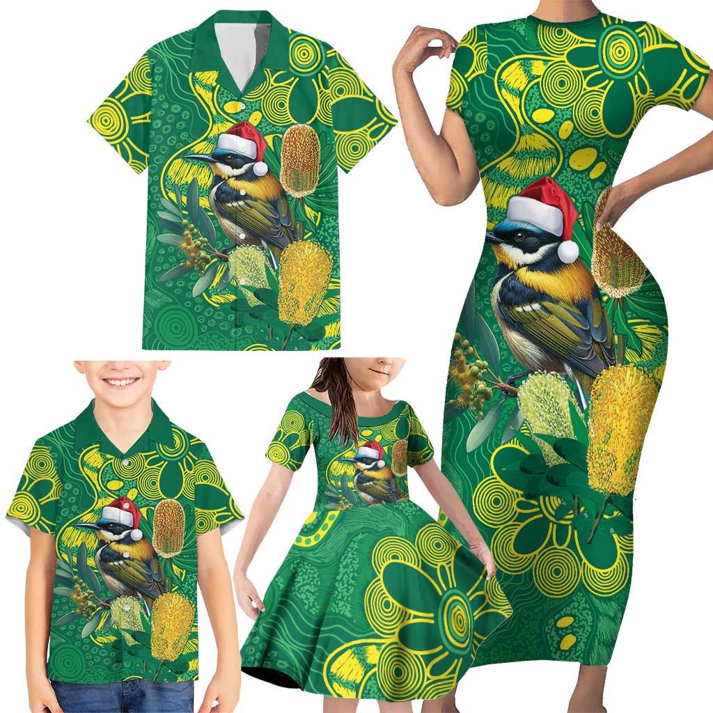 Aussie Honeyeaters Banksia Christmas Family Matching Short Sleeve Bodycon Dress and Hawaiian Shirt Aboriginal Dots Painting Green Motif - Aussie Hoodie