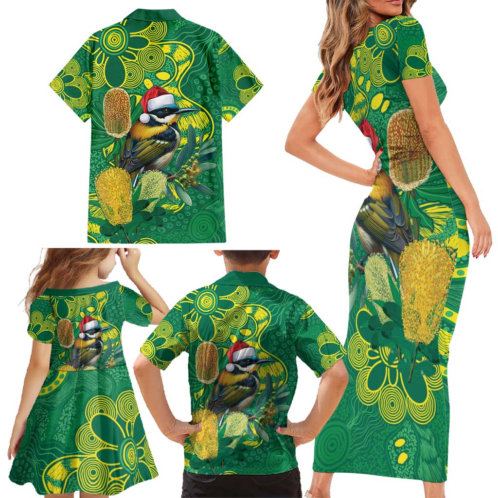 Aussie Honeyeaters Banksia Christmas Family Matching Short Sleeve Bodycon Dress and Hawaiian Shirt Aboriginal Dots Painting Green Motif - Aussie Hoodie