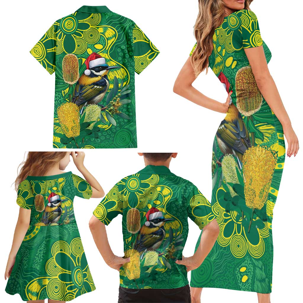 Aussie Honeyeaters Banksia Christmas Family Matching Short Sleeve Bodycon Dress and Hawaiian Shirt Aboriginal Dots Painting Green Motif - Aussie Hoodie