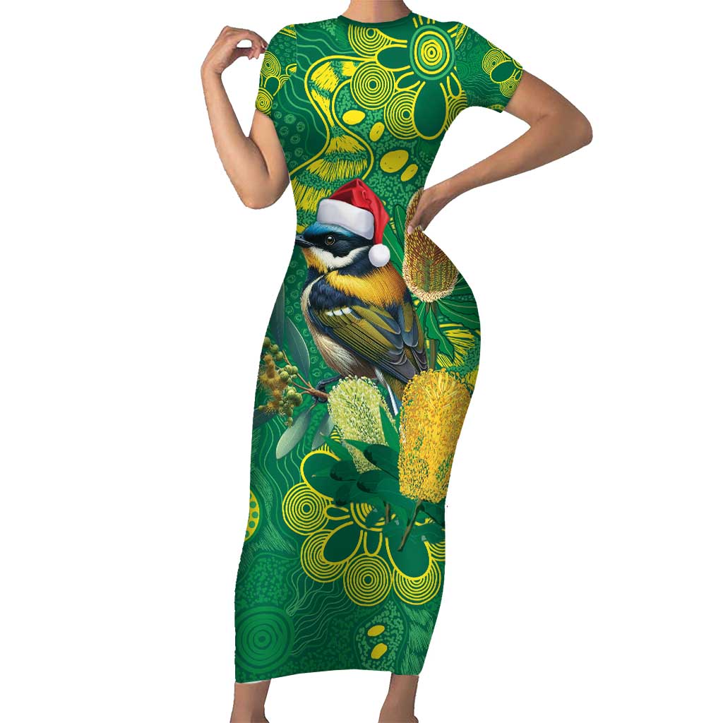 Aussie Honeyeaters Banksia Christmas Family Matching Short Sleeve Bodycon Dress and Hawaiian Shirt Aboriginal Dots Painting Green Motif - Aussie Hoodie