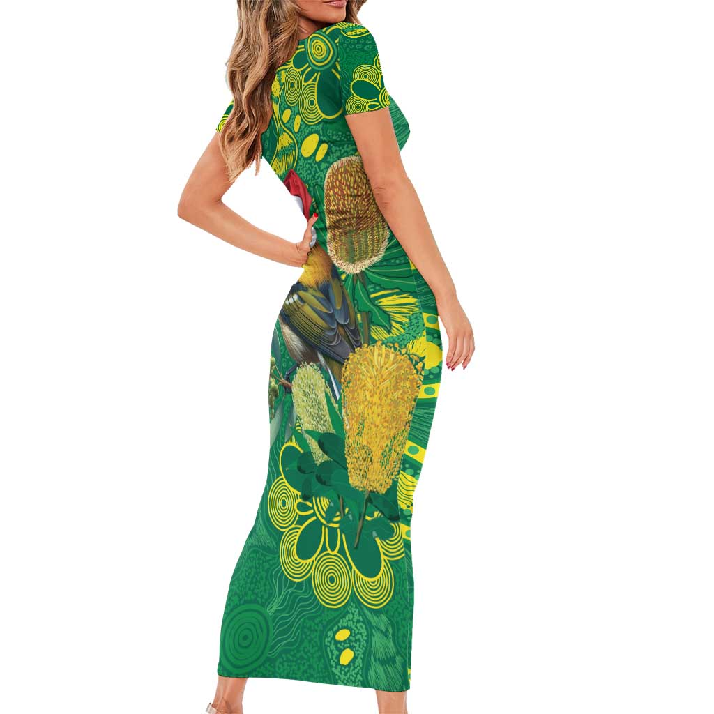 Aussie Honeyeaters Banksia Christmas Family Matching Short Sleeve Bodycon Dress and Hawaiian Shirt Aboriginal Dots Painting Green Motif - Aussie Hoodie