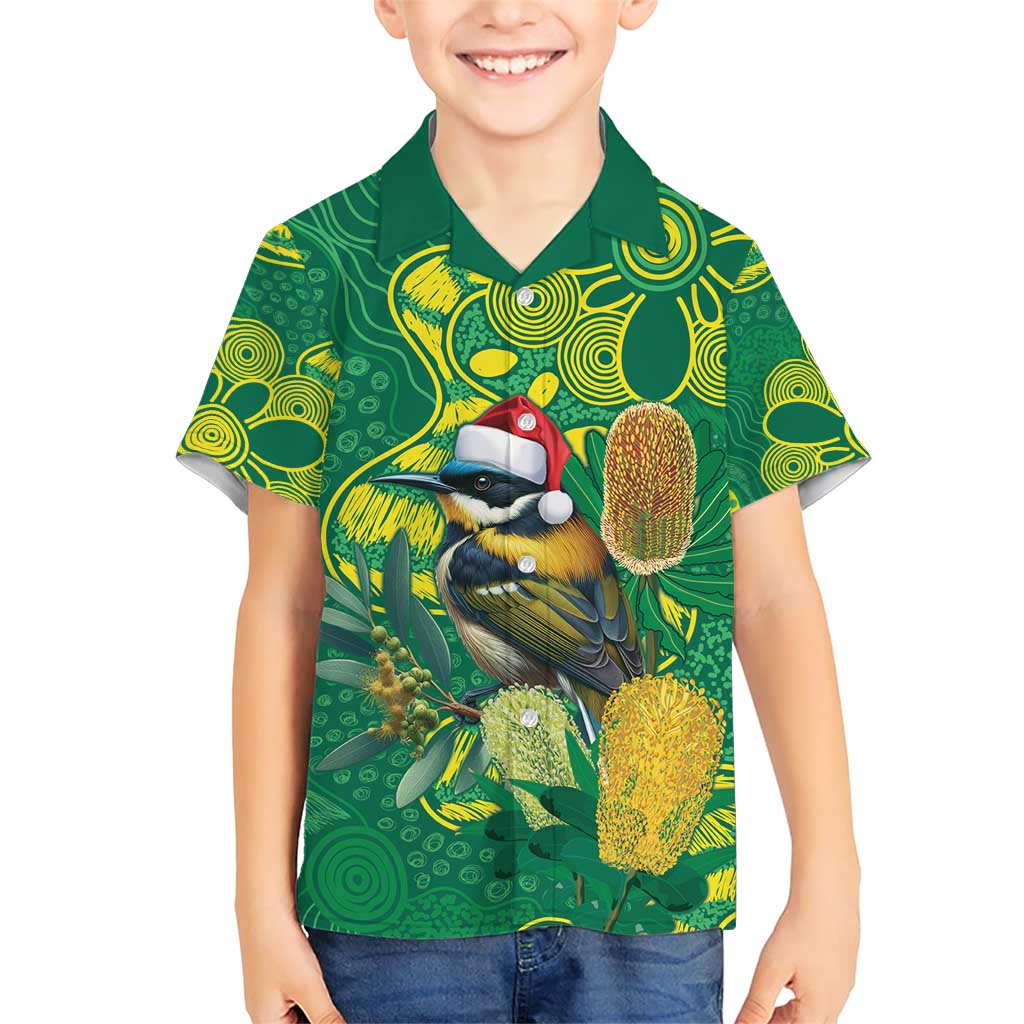Aussie Honeyeaters Banksia Christmas Family Matching Short Sleeve Bodycon Dress and Hawaiian Shirt Aboriginal Dots Painting Green Motif - Aussie Hoodie