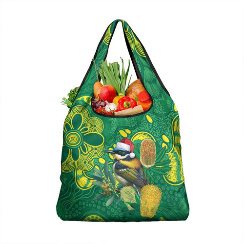 Aussie Honeyeaters Banksia Christmas Grocery Bag Aboriginal Dots Painting Green Motif - Aussie Hoodie