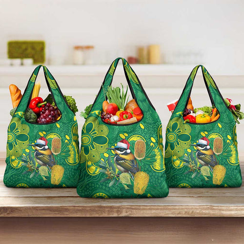 Aussie Honeyeaters Banksia Christmas Grocery Bag Aboriginal Dots Painting Green Motif - Aussie Hoodie