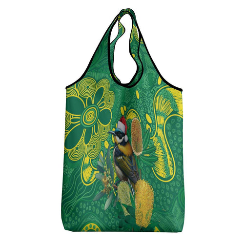 Aussie Honeyeaters Banksia Christmas Grocery Bag Aboriginal Dots Painting Green Motif - Aussie Hoodie