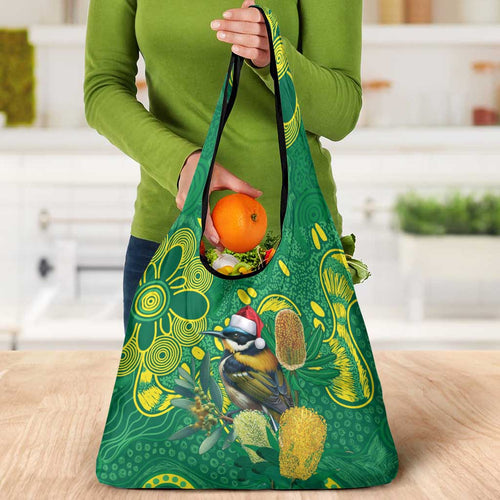 Aussie Honeyeaters Banksia Christmas Grocery Bag Aboriginal Dots Painting Green Motif - Aussie Hoodie