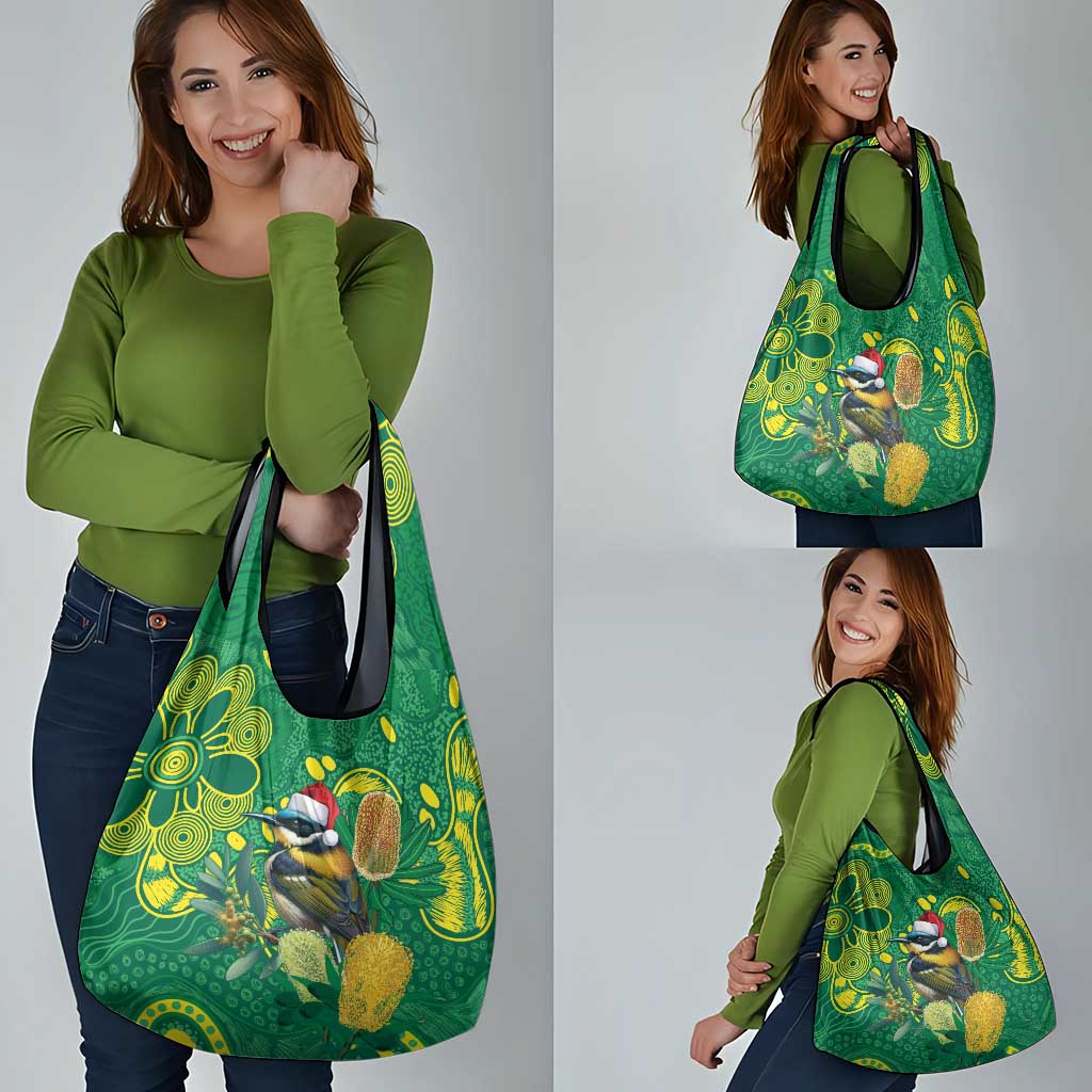 Aussie Honeyeaters Banksia Christmas Grocery Bag Aboriginal Dots Painting Green Motif - Aussie Hoodie