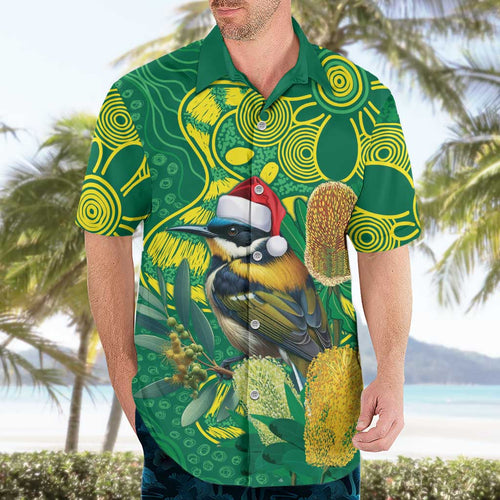Aussie Honeyeaters Banksia Christmas Hawaiian Shirt Aboriginal Dots Painting Green Motif - Aussie Hoodie