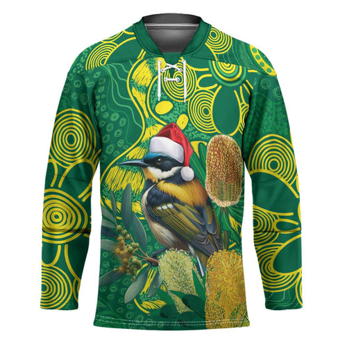 Aussie Honeyeaters Banksia Christmas Hockey Jersey Aboriginal Dots Painting Green Motif - Aussie Hoodie